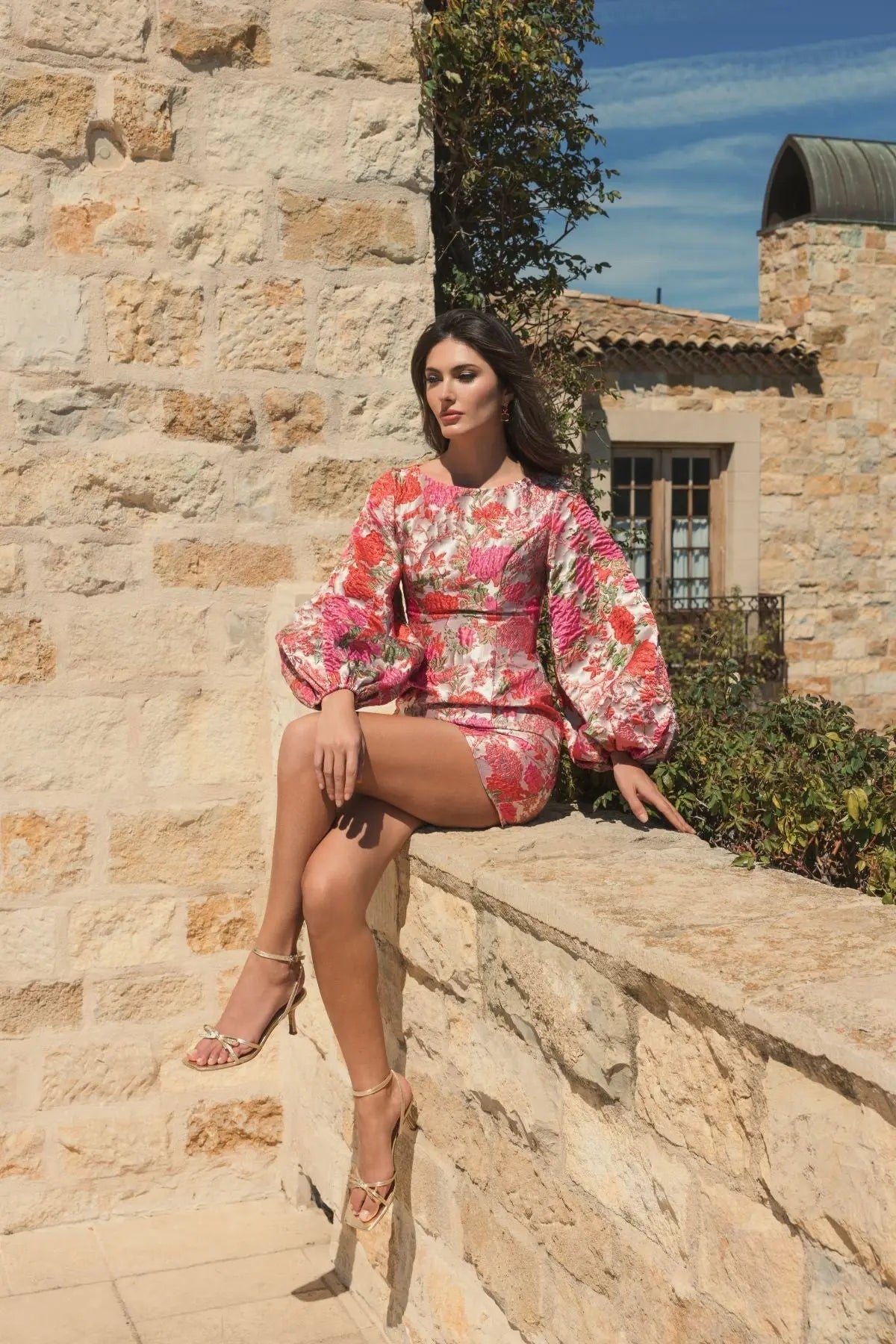 Pink Floral Brocade Balloon Sleeve Mini Dress