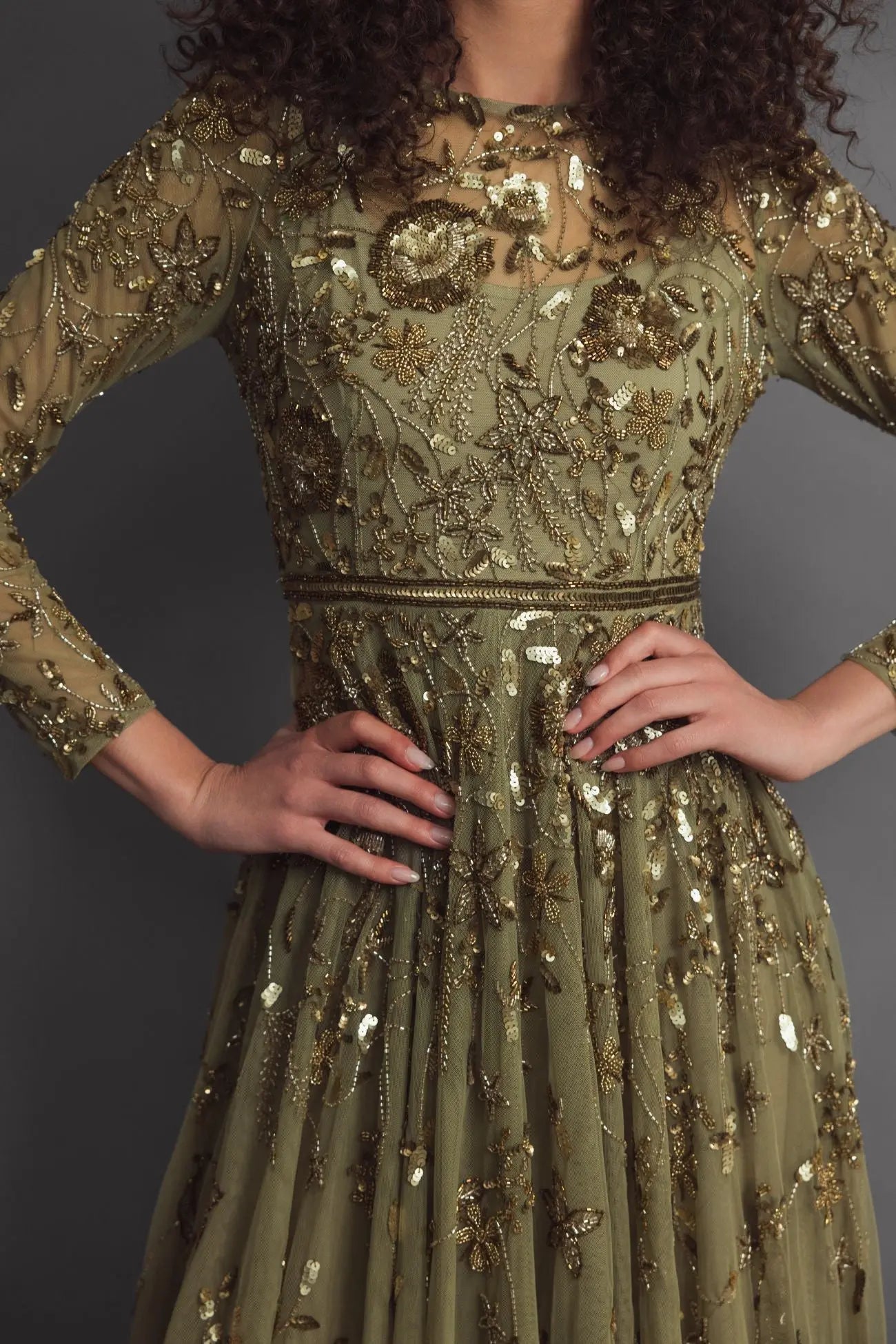 Green Long Sleeve Hand Embellished Floral A-line Gown